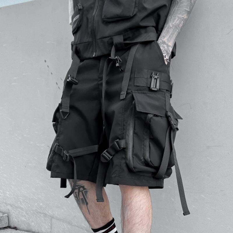 Multi Pockets Street Punk Hip Hop Cargo Shorts Mens Tactical Techwear Knee Length Wide Leg Short Pants