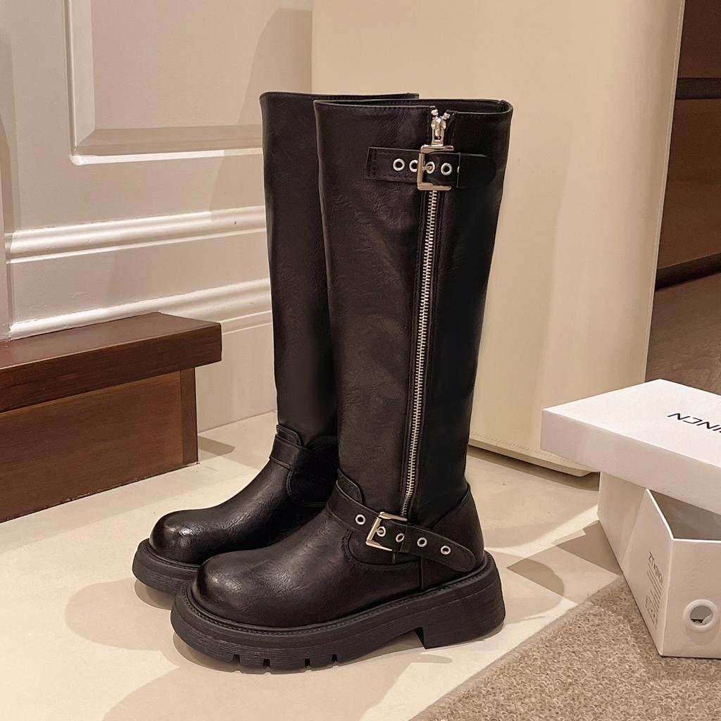 Versatile Simple Knight Boots Women's 2025 Autumn and Winter New Models But Knee Boots Round Head Middle Heel Martin Boots Genuine Leather Women's B