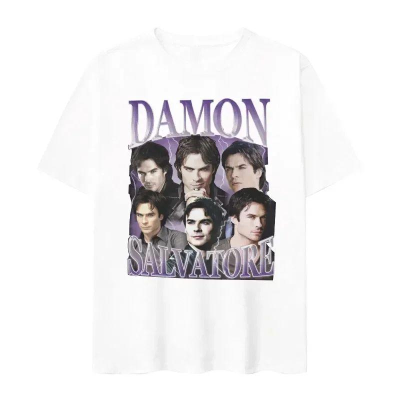 Vintage Y2k T Shirts Damon Salvatore IanSomerhalder TV Drama Pattern Tshirt Fashion Oversized T Shirt Print Street Wear Unisex