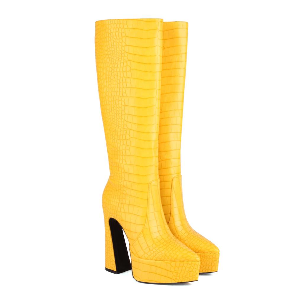 Q/Women's High Heel Boots Autumn and Winter New Crocodile Skin Pattern Waterproof Platform Thick Heel Large Solid Color Mid Length Boots