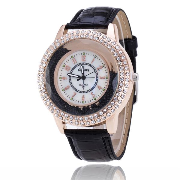 Fashion Ladies Rhinestone Quartz Watches Leather Strap Quicksand Crystal Casual Wrist Watch