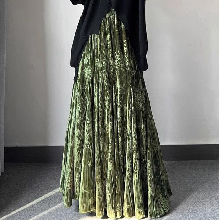 Retro Women's Velvet Long Skirt  Printed Velvet Skirt Autumn and Winter Thick Flared A-Line Skirt