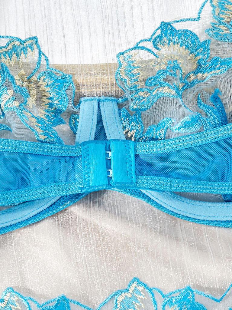 European & American Mesh Floral Embroidery Underwire Push-Up See-Through Temptation Lingerie Stocking Set.