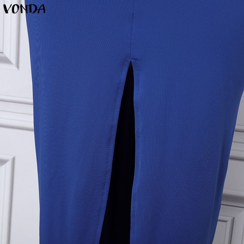 VONDA Women V Neck Long Sleeve Twisted Waist Solid Color High Splits Party Long Dress