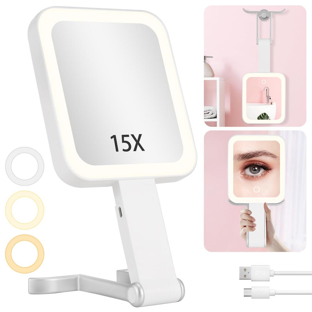 LunarCorky Hand 1x 15x LED Makeup USB Makeup Tabletop Mirror with Handheld Travel Mirror Double-Sided Mirror, & Magnification, Light, Mirror,