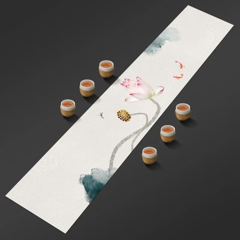 Chinese Lotus Pattern Table Runner Water-Repellent Coffee Table Cloth Decorative Cotton Linen Tea Mat Tea Ceremony Accessories