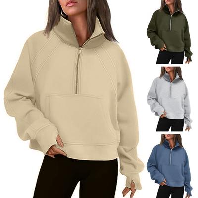 Winter Autumn Women Sweatshirt Half Zipper Stand-up Collar Plush Long Sleeves Patch Pocket Elastic Cuff Hem Solid Color Pullover Workout Daily Top