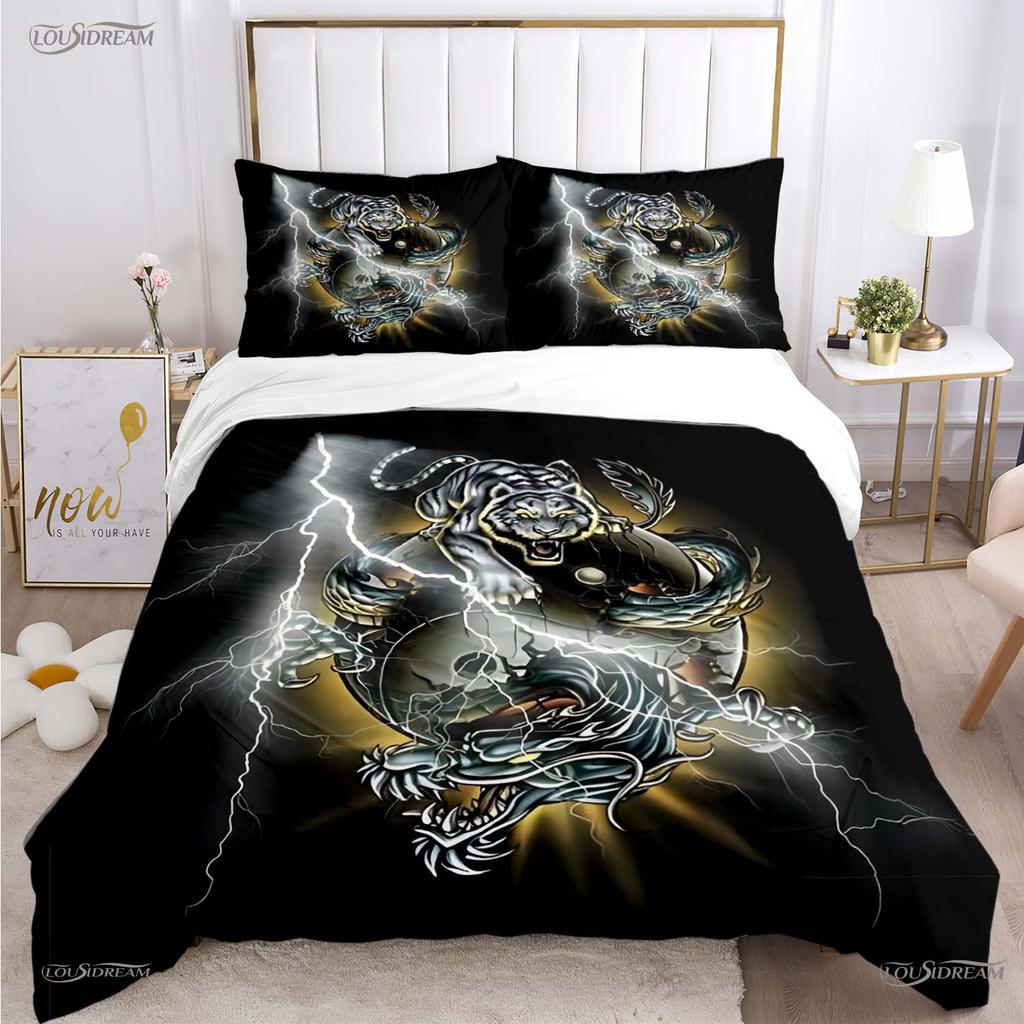 Fashion Dragon and Tiger Battle All Season Duvet Cover Bedding Sets Soft Quilt Cover and Pillowcases Single/Double/Queen/King