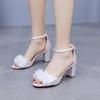 Sandals for Women Summer Buckle Strap 7CM Square Heel Shallow Mouthed Flower Round Headed Bride Wedding Silk Fabric Women Shoes