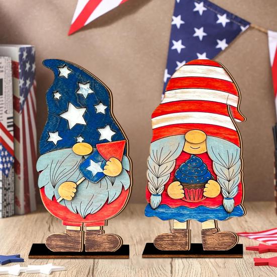 2 Pcs 4th of July Patriotic Gnome Table Decoration Red Blue White American Gnome Freestanding Wooden Sign for Independence Memorial Day Party Decor