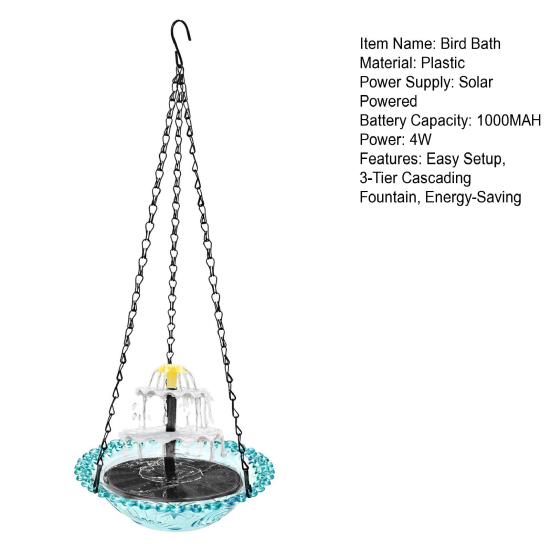 Yousheng Solar Bird Bath Fountain, 3-Tier Cascading Fountain Hanging Bird Bath, Solar Powered Outdoor Hummingbird Bath Fountain, for Garden Backyard