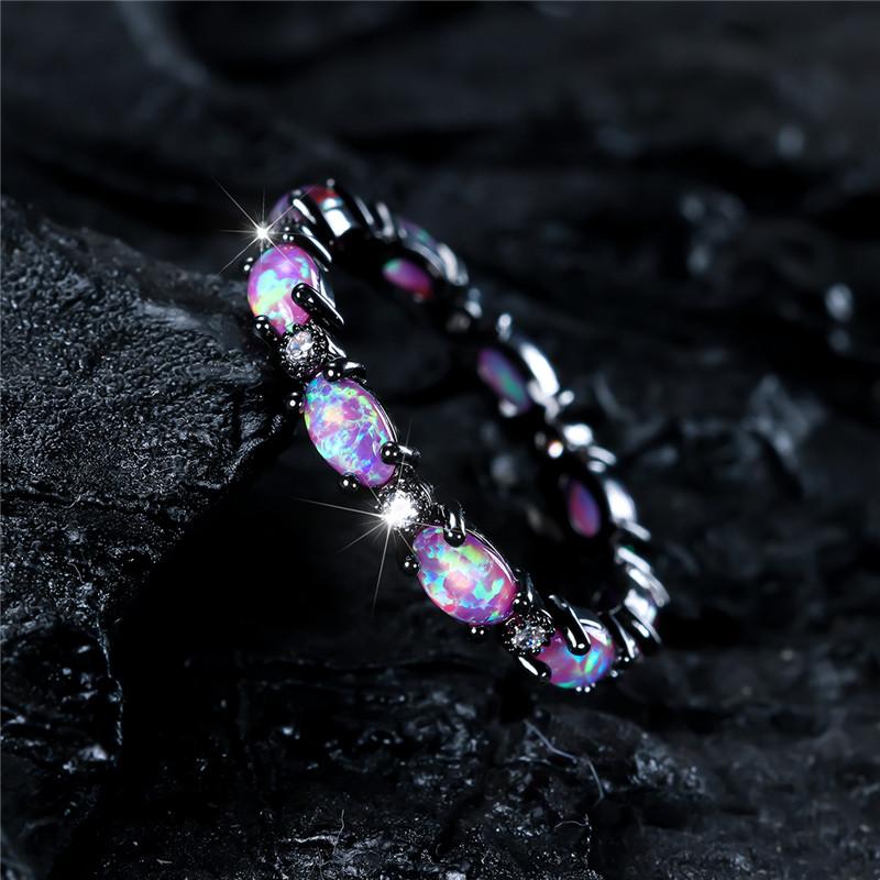 Purple Fire Opal Engagement Ring Cute Small Oval Stone Wedding Rings For Women Vintage Black Metal Band Jewelry Bridal Accessory