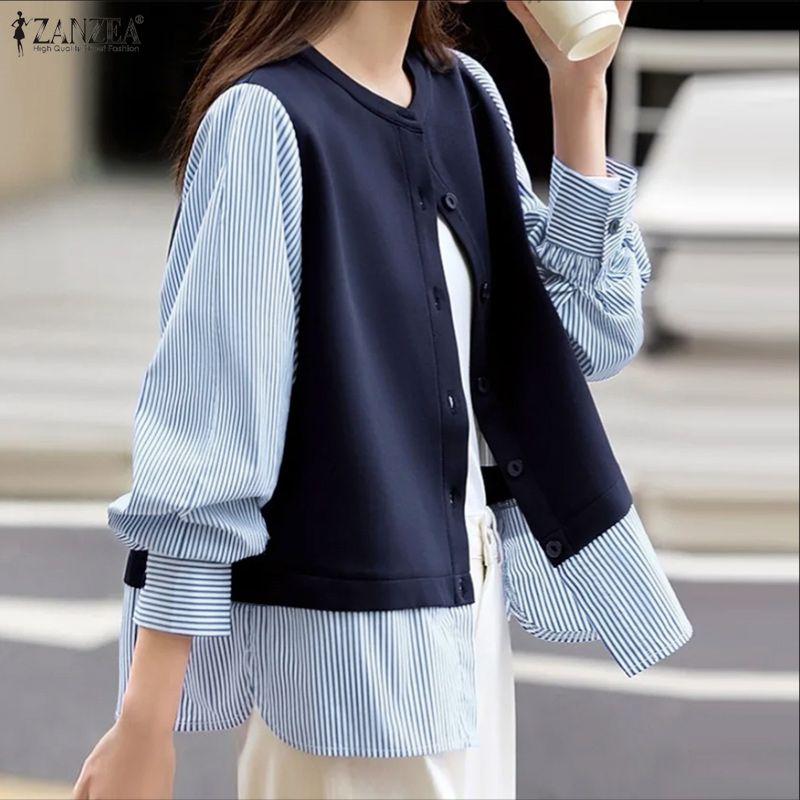 ZANZEA Dámská ležérní halenka s kulatým výstřihem, dlouhým rukávem a volného střihu