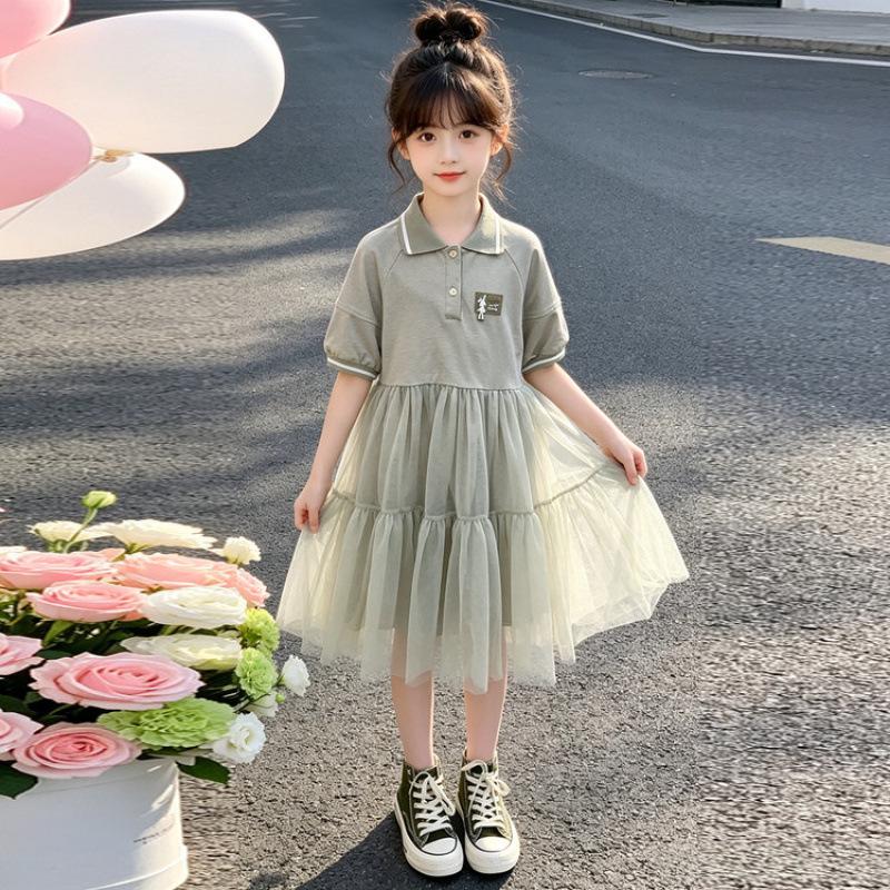 2026 Girls' Casual POLO Collar Summer Mesh Princess Dress