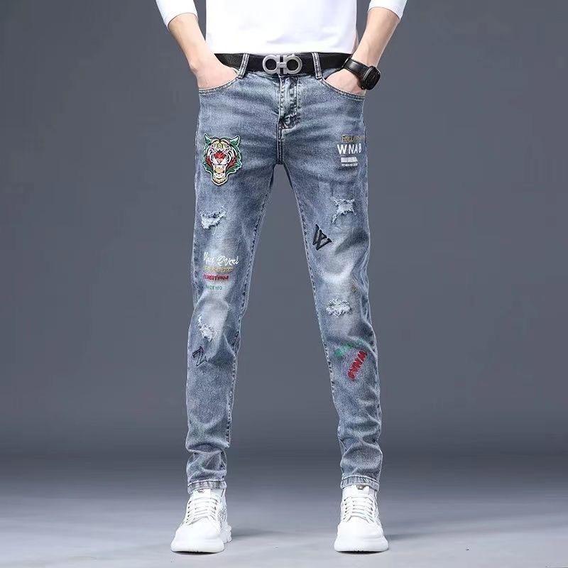 

Сломанные джинсы, мужские весенние и осенние модели, узкие брюки с маленькой ножкой, мужские трендовые брюки с вышивкой