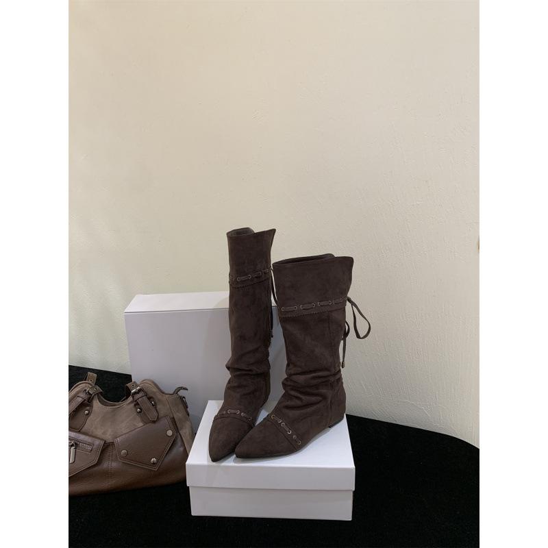 Inner Heightening Pointed Suede Pile Boots Women's Boots 2025 Autumn and Winter Western Cowboy Medium Tube Thin Boots