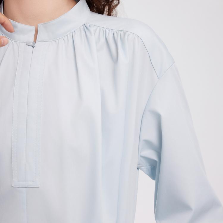 Elle Elegant Double Belt Stand Collar Spliced Midi Long Sleeve Dress Women dress Light-Blue EL50549