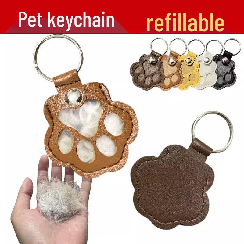 Leather Keychain with Pet Fur Storage & Dog Paw Pendant