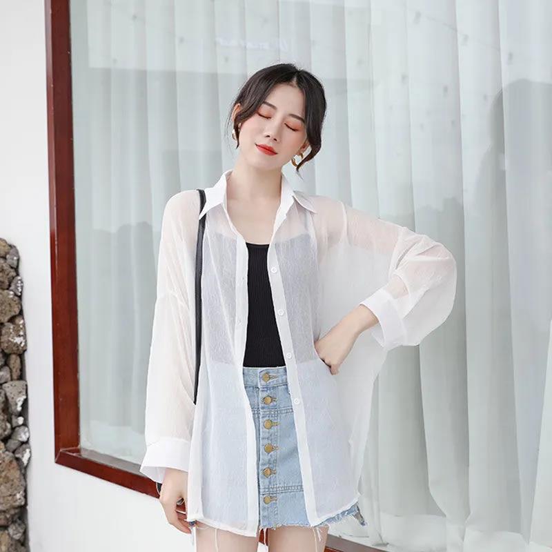 Sunscreen Chiffon Shirt Female Summer Coat Korean Version  Thin Section  Blouse Loose Air-conditioned Shirt Tide Womens Tops White Polo Collar Shirt