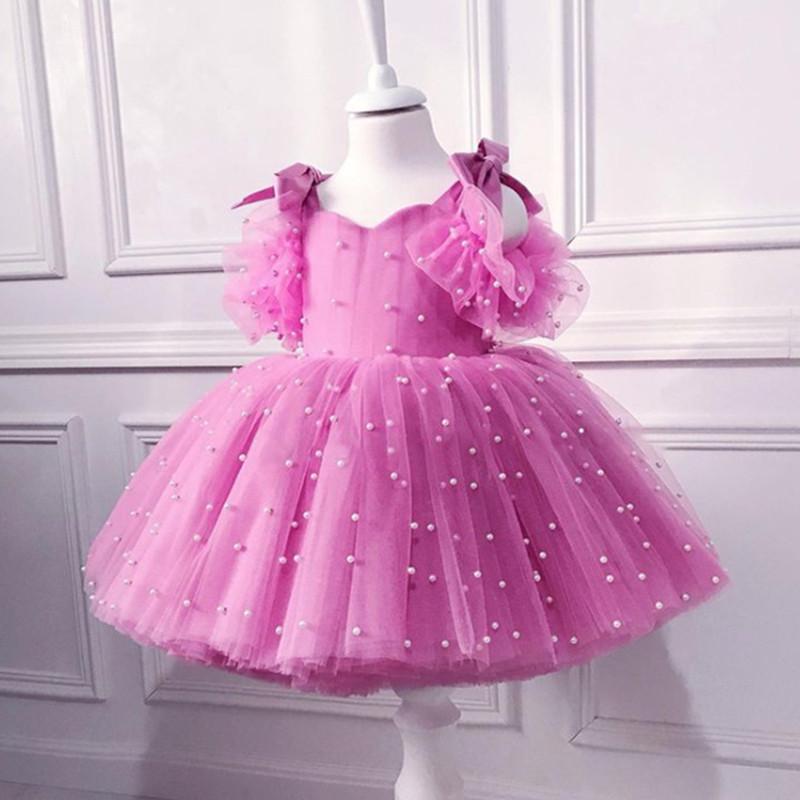 Baby Girl Dress 0-5Y Pearl Princess Dress Baby Baptism Dress Lace Tutu Net Yarn Girl Birthday Party Dress Girl Dress