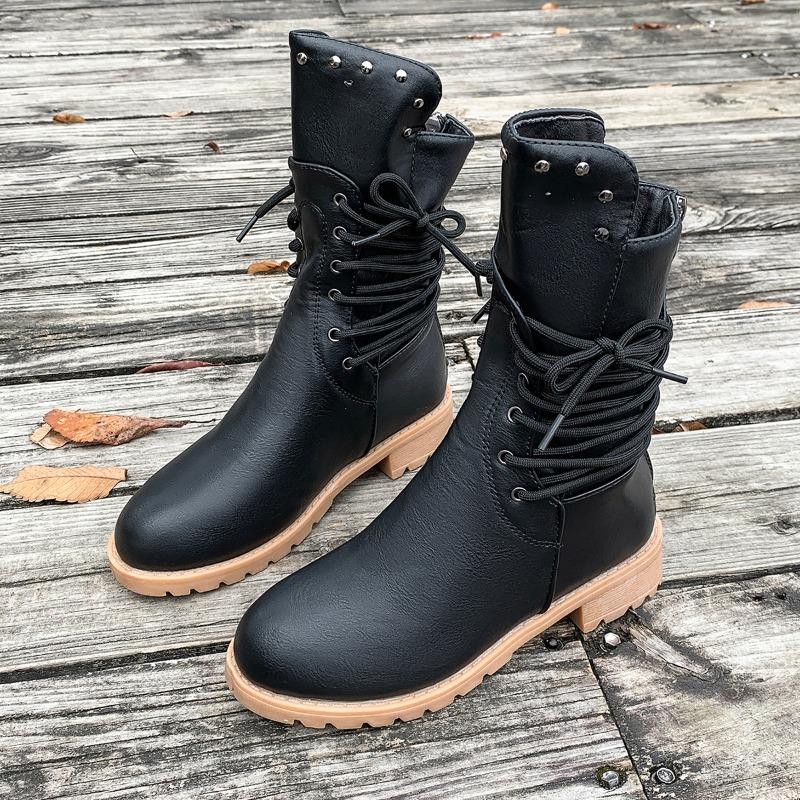 Fashion Fashion Lace-up Modern Boots Women 2024 High Quality Shoes for Women Side Zipper Women's Boots New Plus Size Mid-Calf Boots