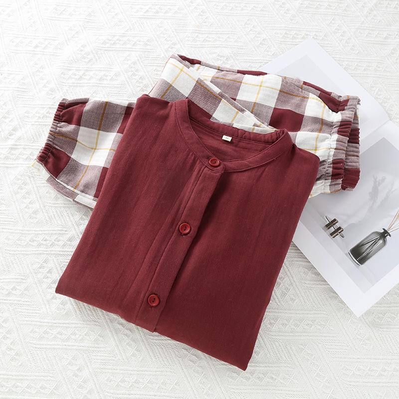 Pijamale cu mâneci lungi pentru femei, 100% bumbac, cu strat dublu, imprimate, pentru casă, îmbrăcăminte de primăvară, subțire, cu guler în picioare