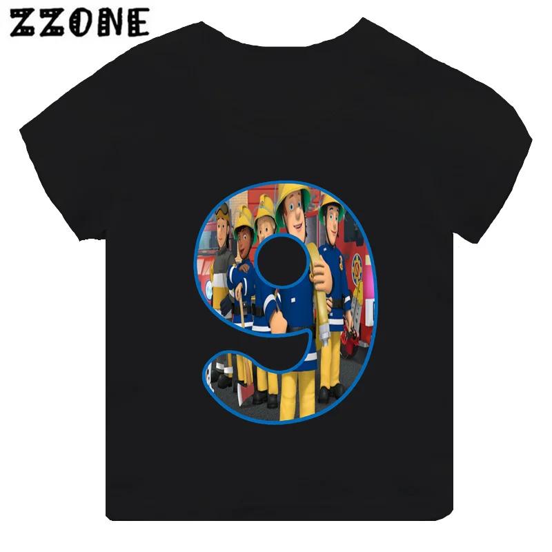 Fireman Sam Firefighter Print Cartoon Boys Clothes 1 2 3 4 5 6 7 8 9 Years Birthday Number Kids T shirt Cute Baby Girls TShirts