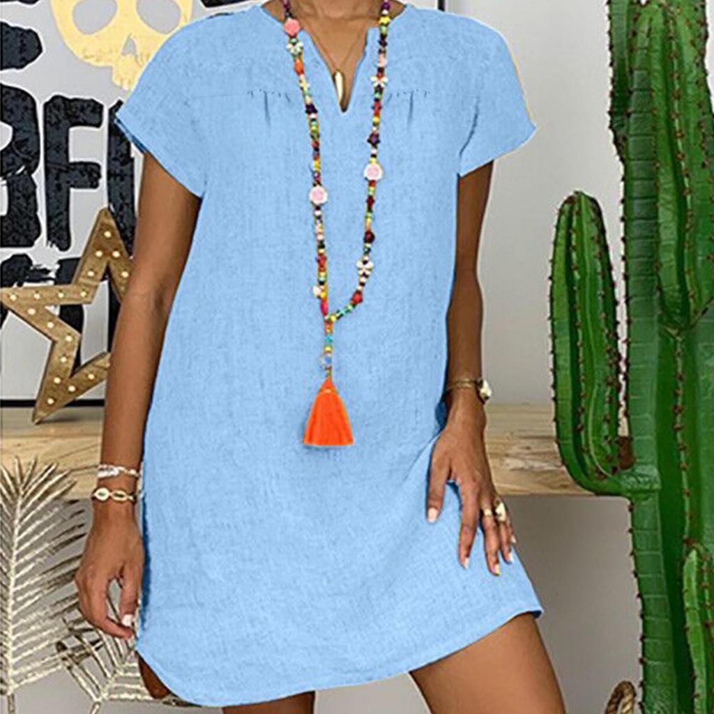 Women's Fashion Summer Loose Skirt Short Sleeve V-Neck Cotton Linen Dress