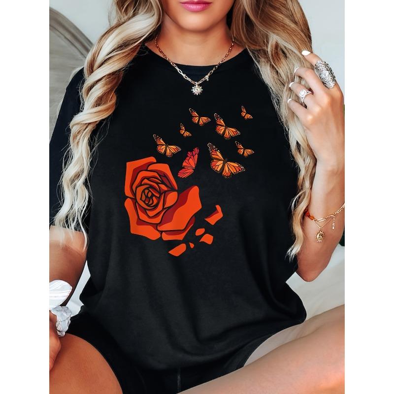 Plus Size, Women s Plus Size Black Floral Print T-Shirt - Vibrant Red Rose & Multicolor Butterflies, Soft Stretch Round Neck Short Sleeve, S чёрный