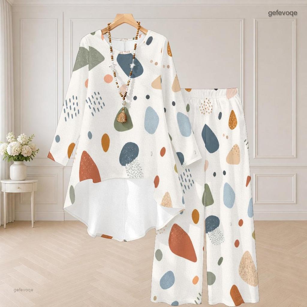 Plus Size Women Abstract Printed Two Piece Set Round Neck Long Sleeve High Low Top Wide Leg Pants