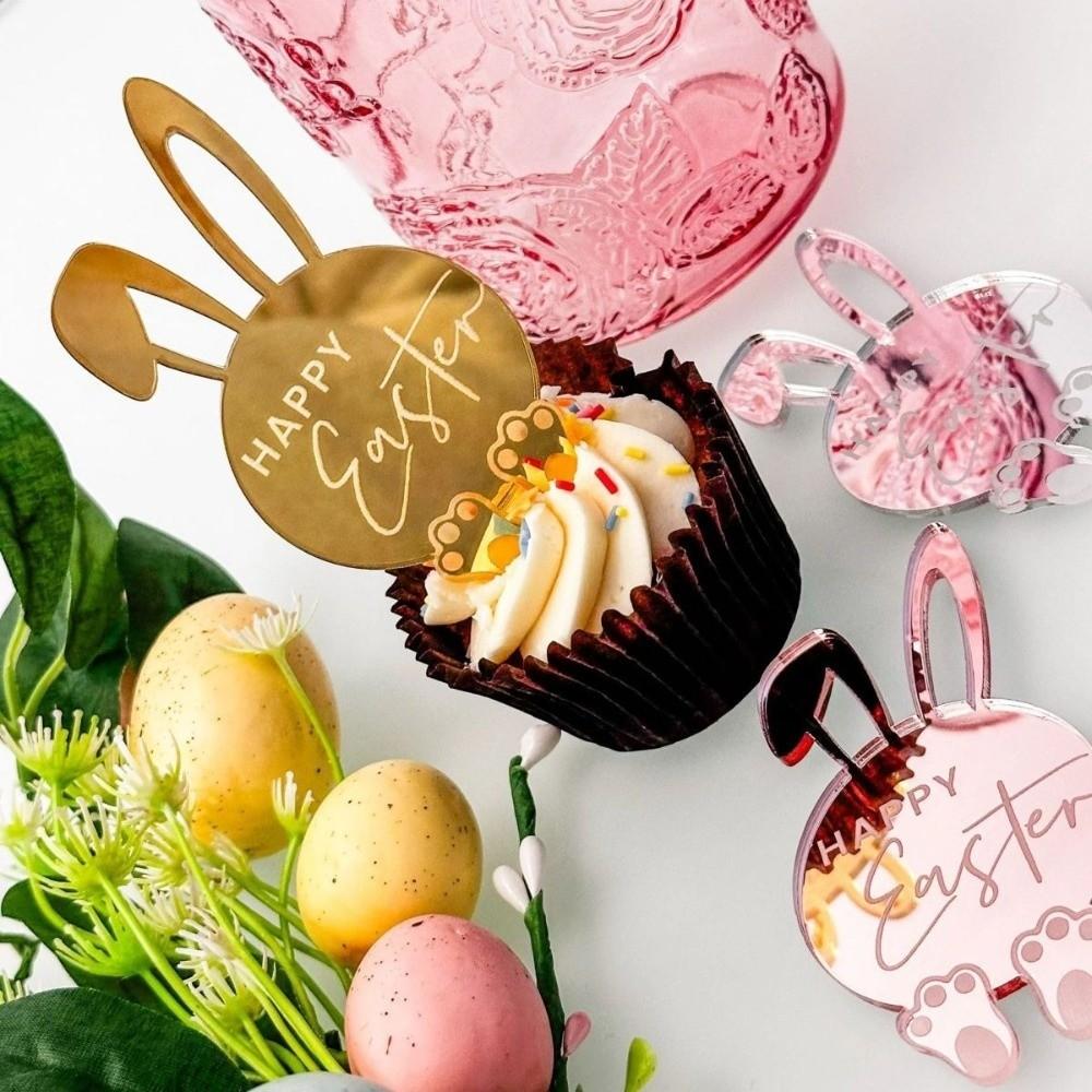 6pcs Cartoon Rabbit Cake Toppers Happy Easter Acrylic Cupcake Decor Toppers Mirror Finish Easter Bunny Ornament Easter Party