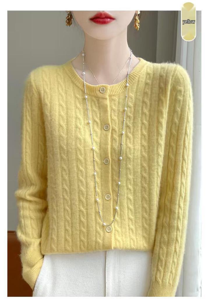 Women's Classic Cable Knit Cardigan: Old Money Style, Solid Color, Long Sleeve, Round Neck