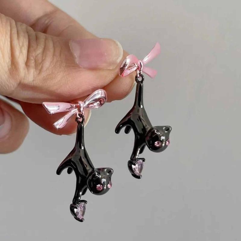 Harajuku Y2k Accessories Scare Black Cat Pink Bowknot Earring Niche Design Trend Animal Earings Jewelry for Women Girl