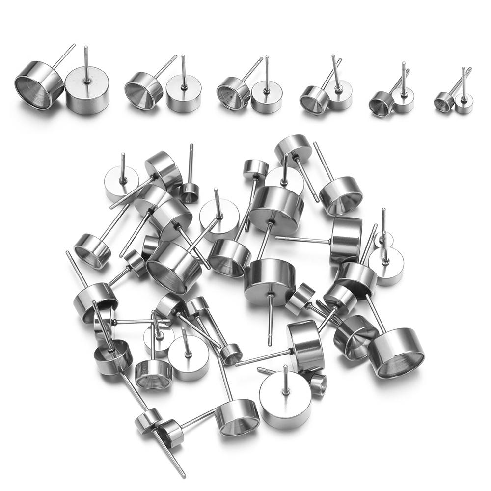 20Pcs Stainless Steel Blank Base Round Tray Post Stud Earrings Settings Fit 4 5 6 7 8 10mm Cabochon For DIY Earrings Jewelry
