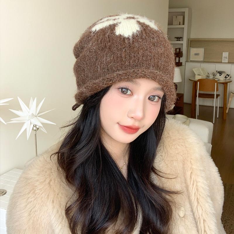 Korean Cute Flower Knitted Wool Hat for Women In Autumn and Winter Versatile Windproof and Warm Pile Hat Big Head Cold Hat