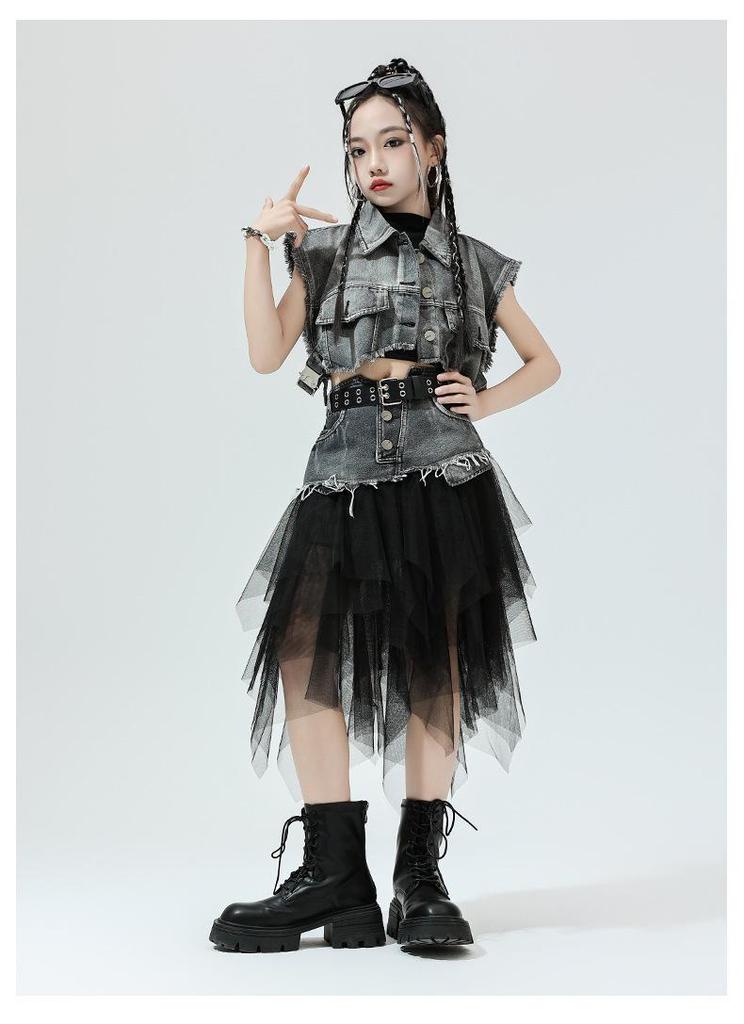 Mädchen Jazz Dance Hip Hop Denim Performance Outfit - Trendiges Kinder Laufsteg Set