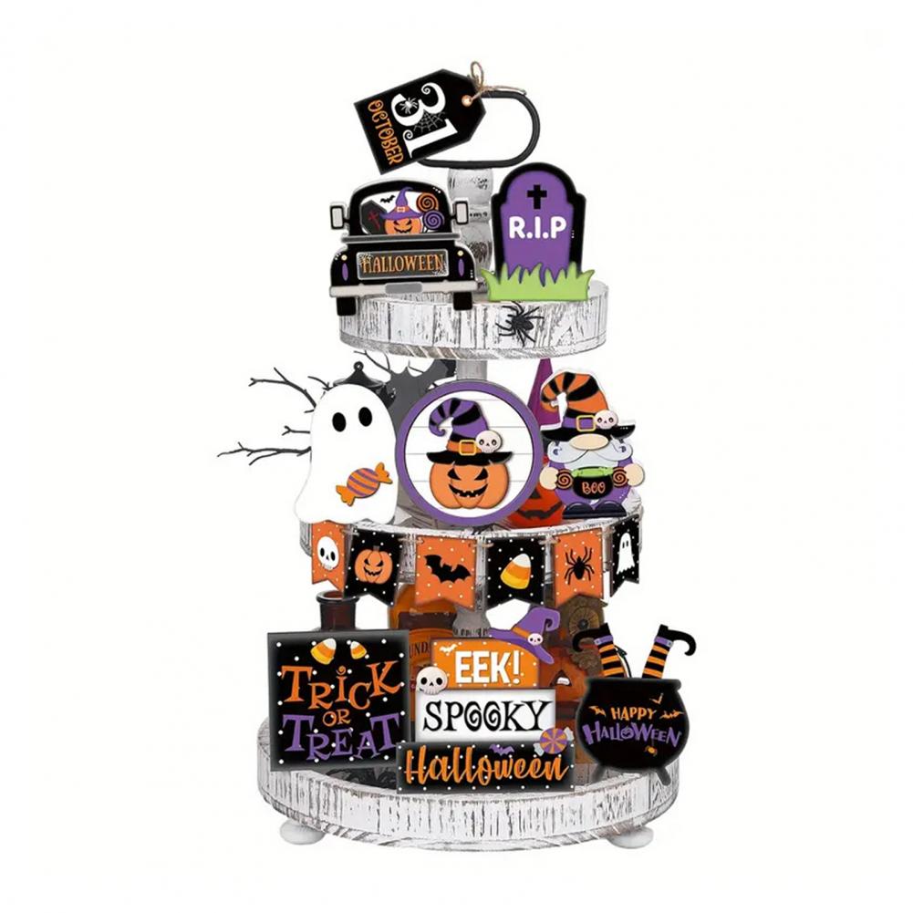 Rustikale Halloween-Dekoration Holz-Halloween-Deko Rustikales Halloween-Etagen-Tablett-Deko-Set mit Holzkürbis Geist für Etagen