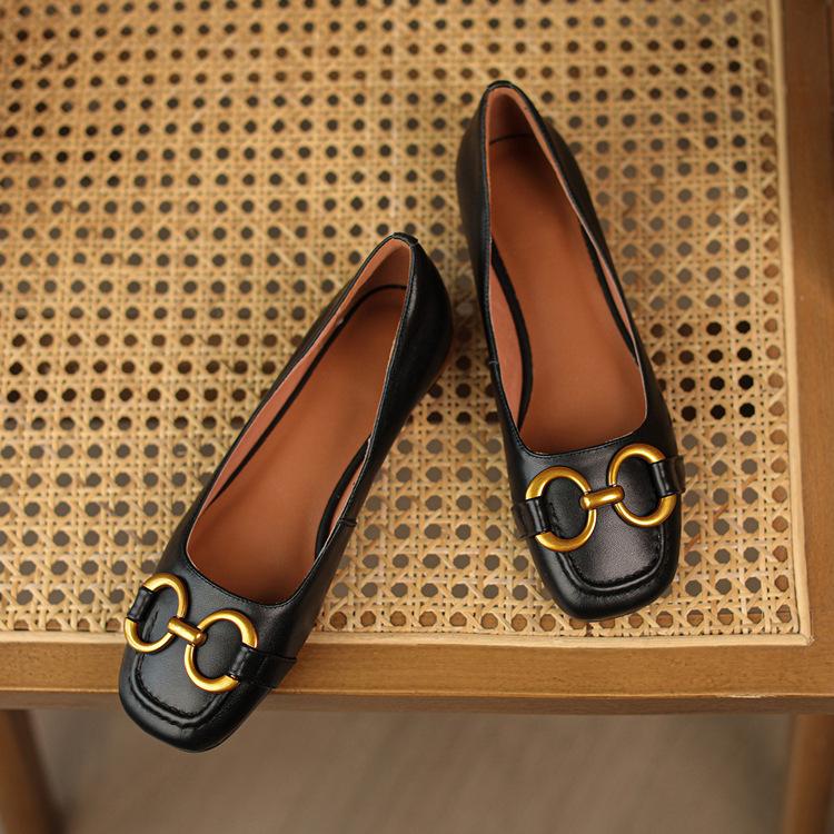 Fashion Retro Women's Loafers Shoes French Square Toe Horsebit Leather Office Career Ladies Slip-On Low Heels Shoe Pumps