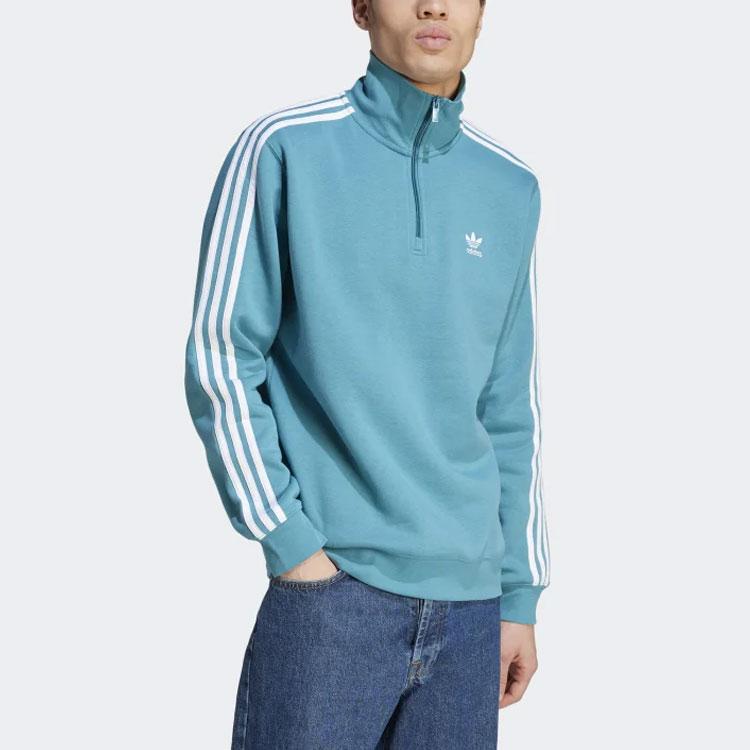 Adidas Originals Three Stripes Color Block Logo Stand Collar Long Sleeve Sweatshirt Men Sweatshirt Blue IL2499