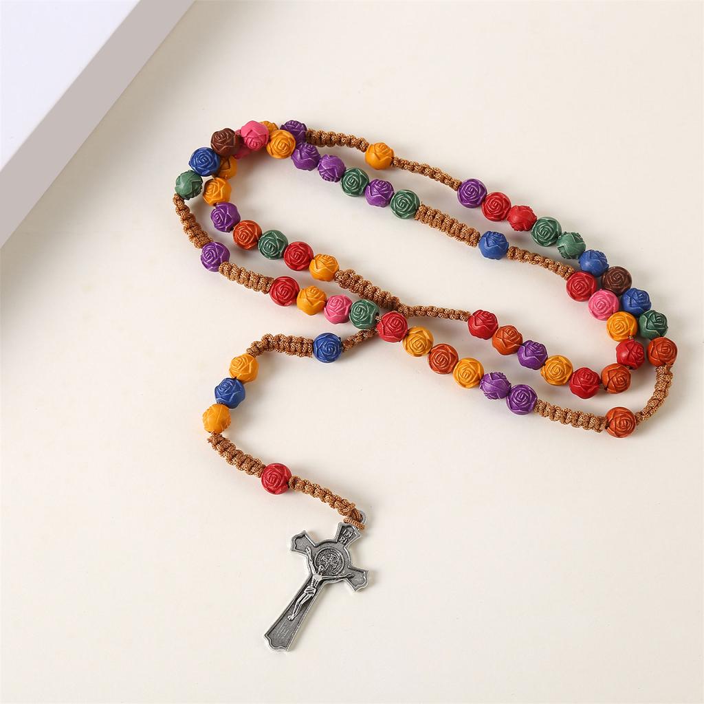 Catholic Colorful Flower Beads Rosary Necklace with Crosses Pendant Religious Chain for Prayer Jewelry and Daily Wear