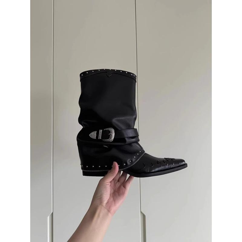 Cowhide version~ retro rivet Martin boots pointed mid-tube pants tube boots women's fried street thick heel versatile fashion knight boots