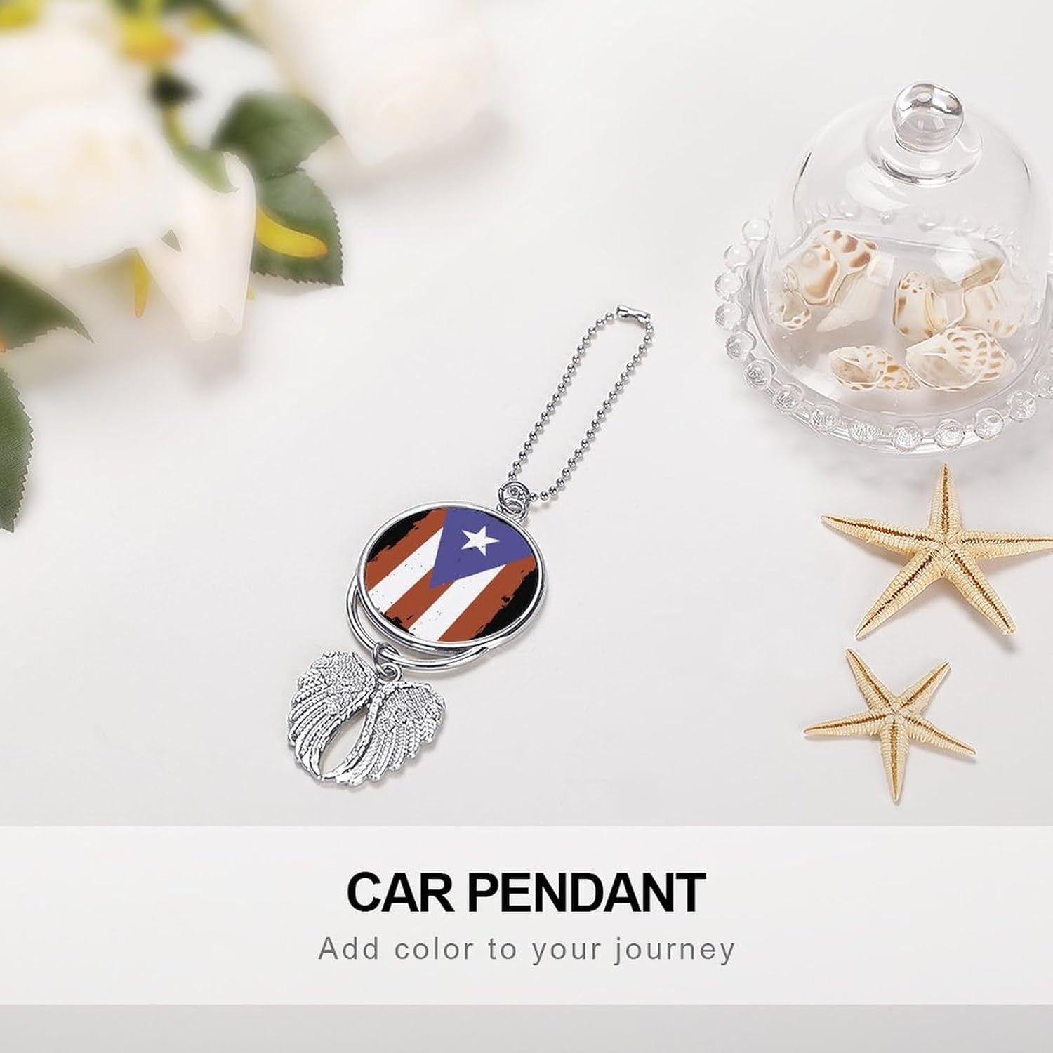 

Puerto Rico Ricans Boricua Flag Car Pendant Rearview Mirror Hanging Ornaments Charms Interior Decoration for Women Men Silver-color