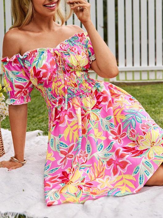 Summer new fashion sweet sexy hollow print dress S розовый