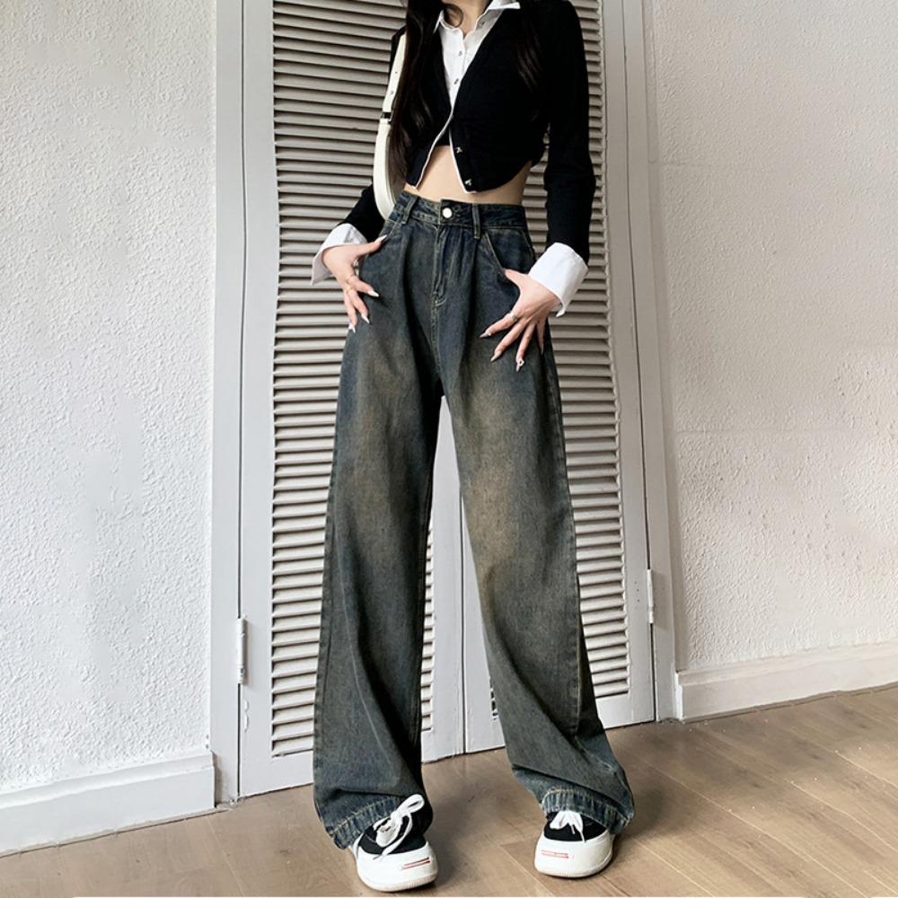 Cement Gray Wide-leg Jeans Women's Autumn and Winter New Small Loose Retro High-waisted Straight Jeans