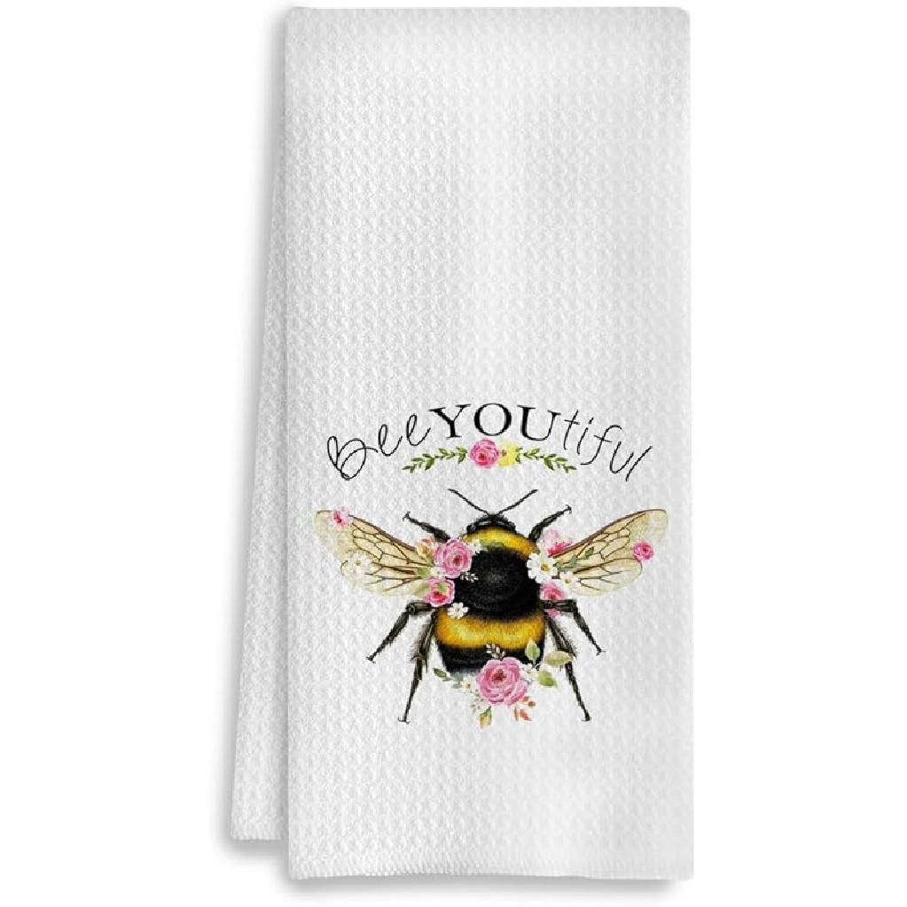 Bee Kitchen Towels - Honey Bee Bumblebee Dish Towels for Kitchen, Bathroom Decor, Floral Decorative Hand Towels, 16x24 Inch, White 1- Bee Towels