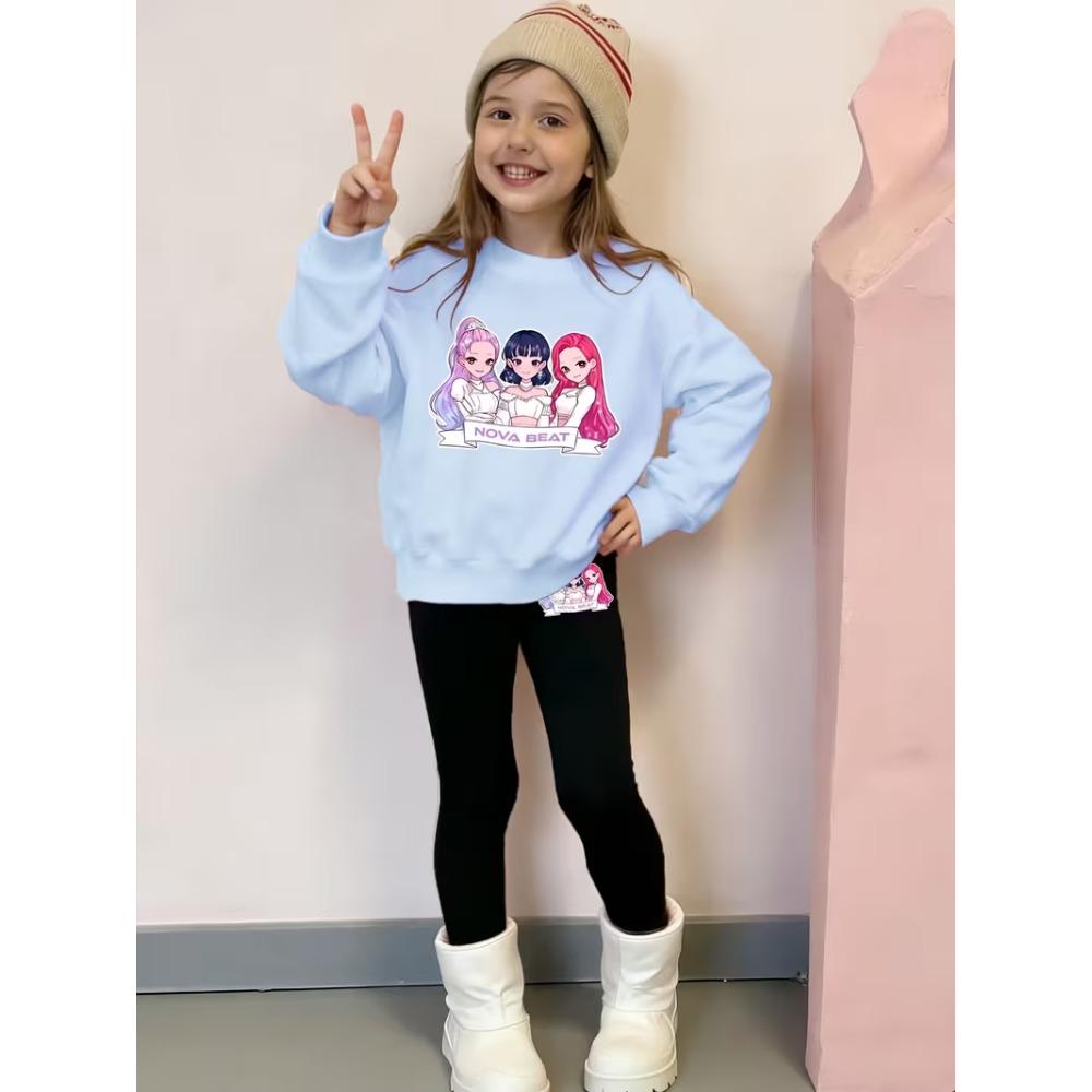 Girls' Cartoon Princess Casual Comfortable Soft Loose Pullover Sweatshirt and Leggings 2-Piece Set, New Autumn/Winter, Playful, Sweet and Cool Style