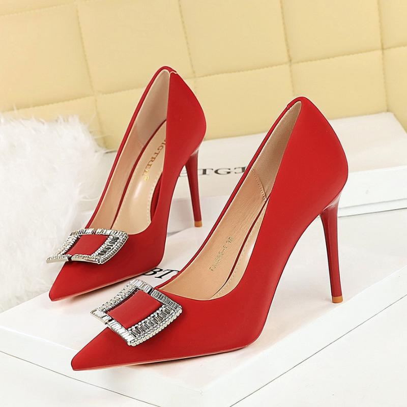 Fashionable High Heels For Women With Light Mouth Square Buckle Rhinestone Slim Heels Single Shoes Pointed Toe High-End Shoes