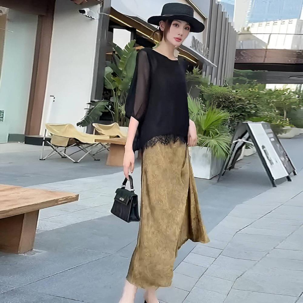 Top alla moda in chiffon morbido con maniche a tre quarti da donna, casual, protezione solare, camicetta in pizzo, vestibilità aderente
