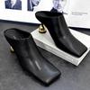 Fashion Square Toe Elegant Women Slippers Fad Mid Heels Leather Sandals Mule Shoes 2025 New Trend Spring Designer Dress Femme Chaussures