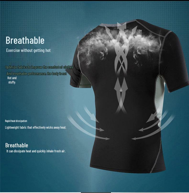 Men's Summer Quick-Dry Black Sports Training Shirt - Short Sleeve, Tight-Fitting, Round Neck for Football & Basketball Fitness.